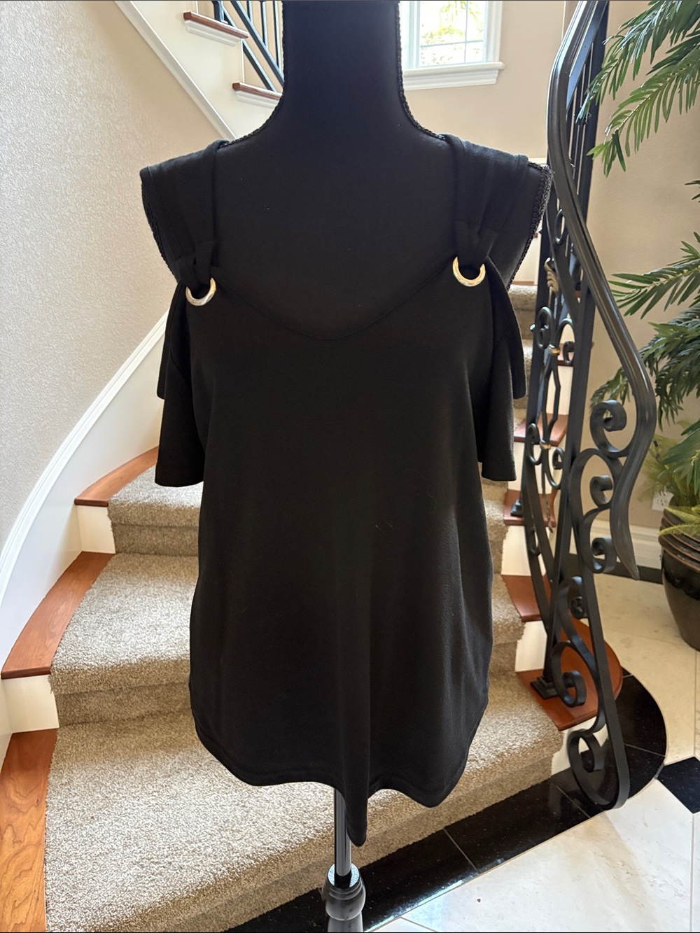 Black Cold-Shoulder Top with Ring Strap Detail